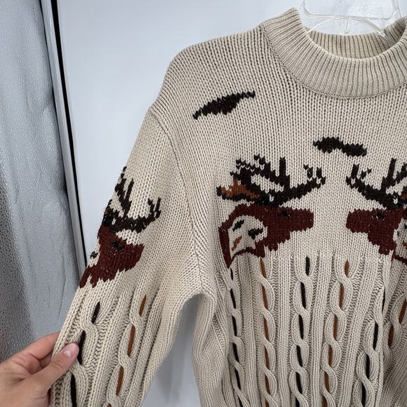 Vintage 1970s Bengal Lancer Mens XL Cable Knit Moose Head Chunky Sweater Grandpa - Picture 4 of 10